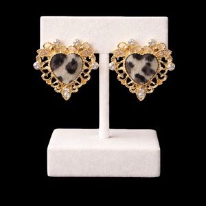 Leopard Heart Statement Earrings – Gold Filigree Rhinestone Glam Luxe
